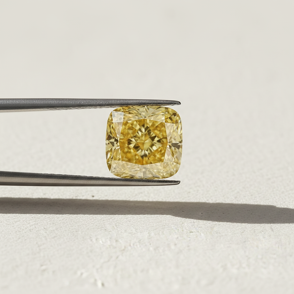 1,54 karaat kussen gemodificeerde laboratoriumgekweekte diamant, VS2/Fancy Vivid Yellow
