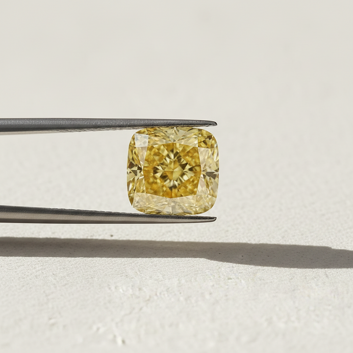 1,54 karaat kussen gemodificeerde laboratoriumgekweekte diamant, VS2/Fancy Vivid Yellow