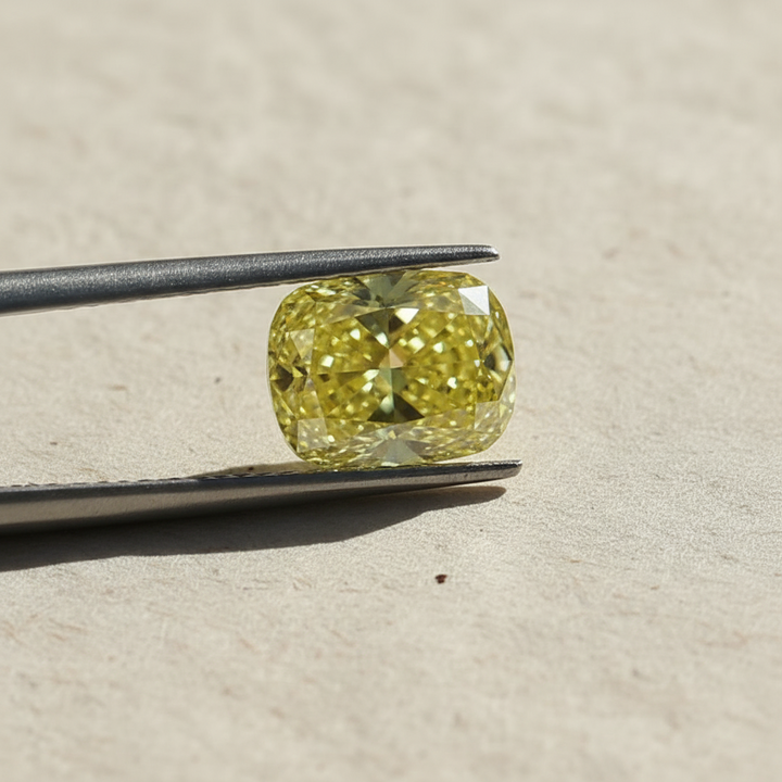1,75 karaat kussen gemodificeerde laboratorium-gegroeide diamant, VS2/Fancy Vivid Yellow