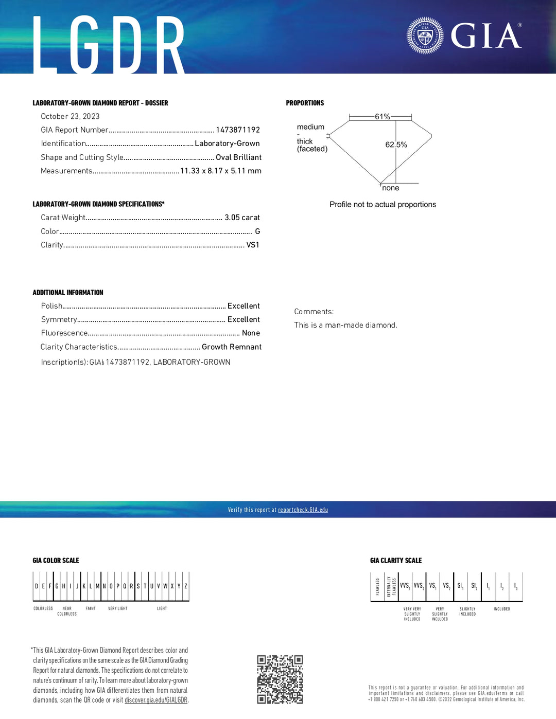 Diamant cultivé en laboratoire de taille ovale certifié GIA de 3,05 ct - Clarté VS1, couleur G