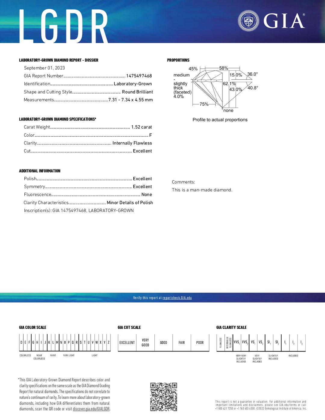 Diamant cultivé en laboratoire de 1,52 carat de taille ronde certifié GIA - Clarté IF, couleur F