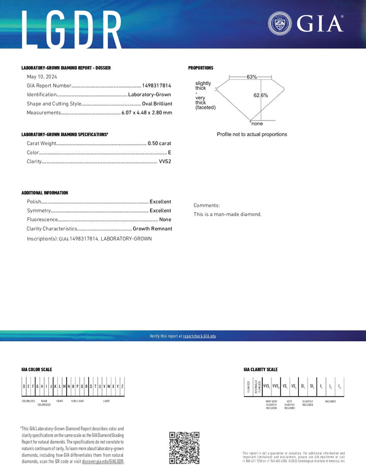 Superbe diamant ovale cultivé en laboratoire de 0,50 CT - Certifié GIA, clarté VVS2, couleur E