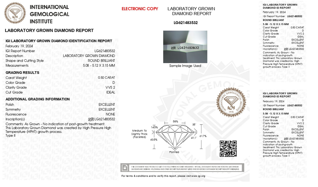 IGI certificeret 0,50 ct rundskåret lab-dyrket diamant | D farve, VVS2 klarhed