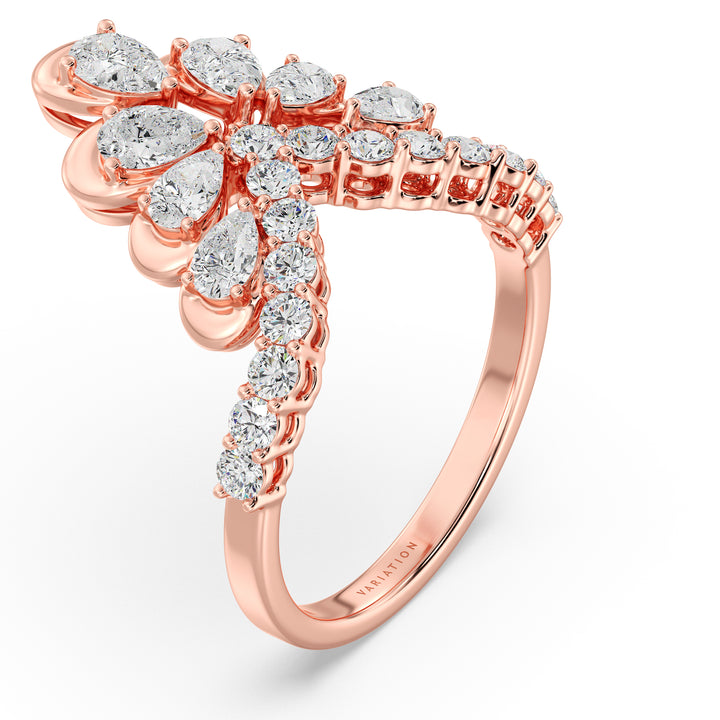 8K Rose Gold Blooming Floret Cather Ring with Lab-Grown Diamonds – Featuring 7 Pear-Cut and 15 Round-Cut Diamonds, 1.45 Carat Total Weight.