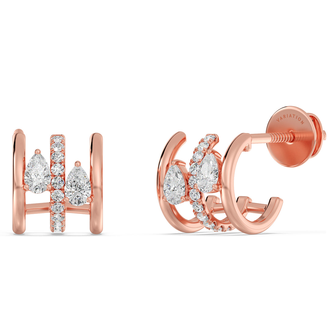 18K Rose Gold Triple Hoop Huggie Earrings embellished with lab-grown diamonds, showcasing a blend of round and pear-cut stones in a unique triple hoop design