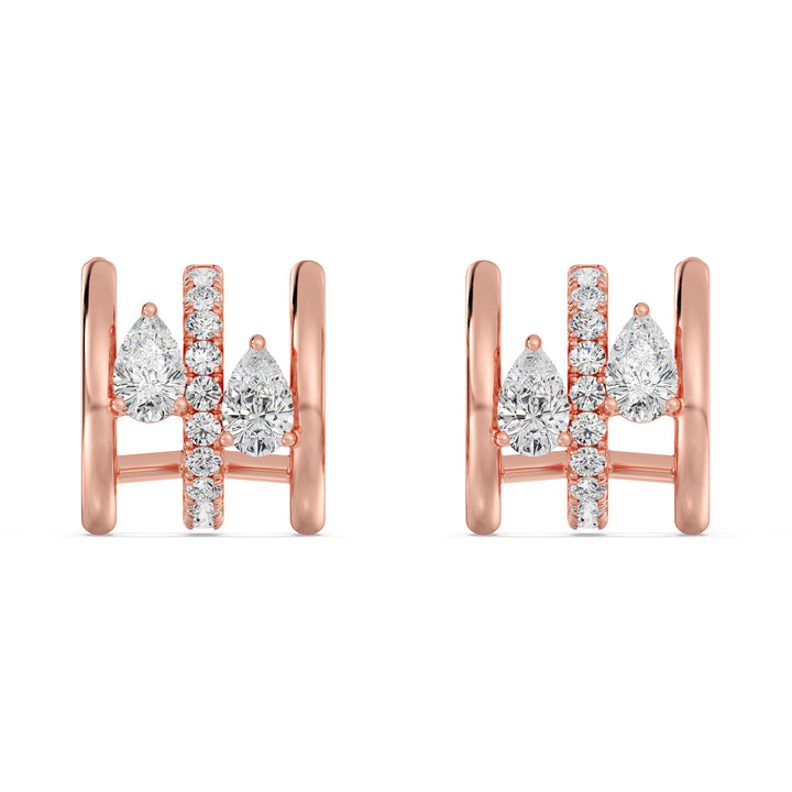 18K Rose Gold Triple Hoop Huggie Earrings embellished with lab-grown diamonds, showcasing a blend of round and pear-cut stones in a unique triple hoop design