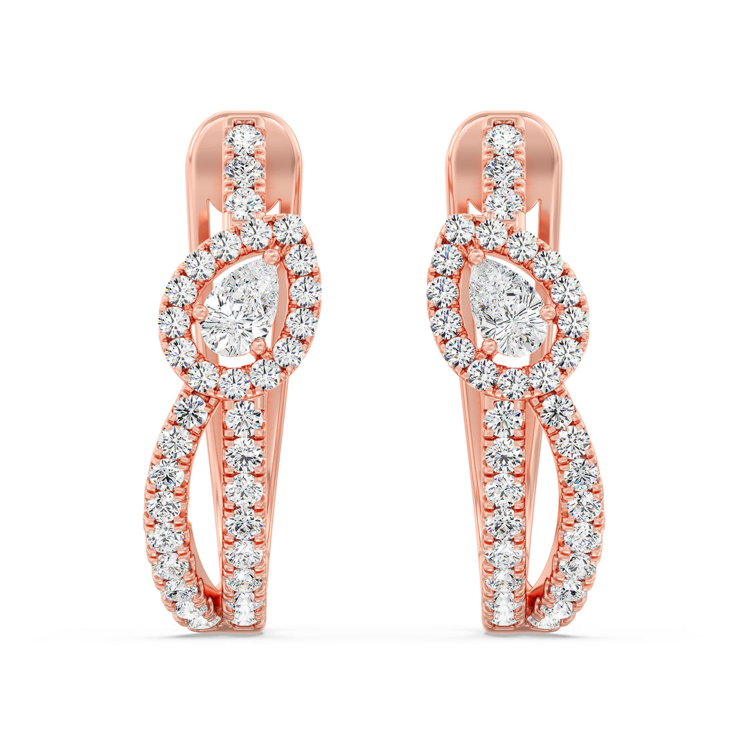 18K Rose Gold Twisted Hoop Earrings with Pear-Shaped Lab-Grown Diamonds, showcasing sparkling round and pear-cut diamonds in a stylish twisted design