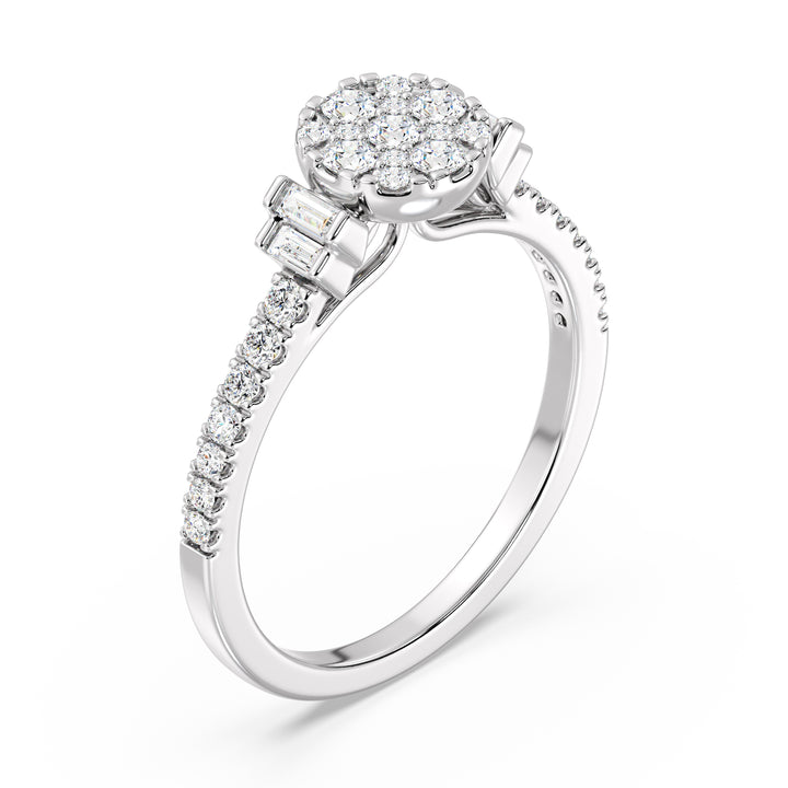 18K Solid Gold Engagement Ring in White Gold with 0.57CTTW EF-VS Lab-Grown Round and Baguette Diamonds