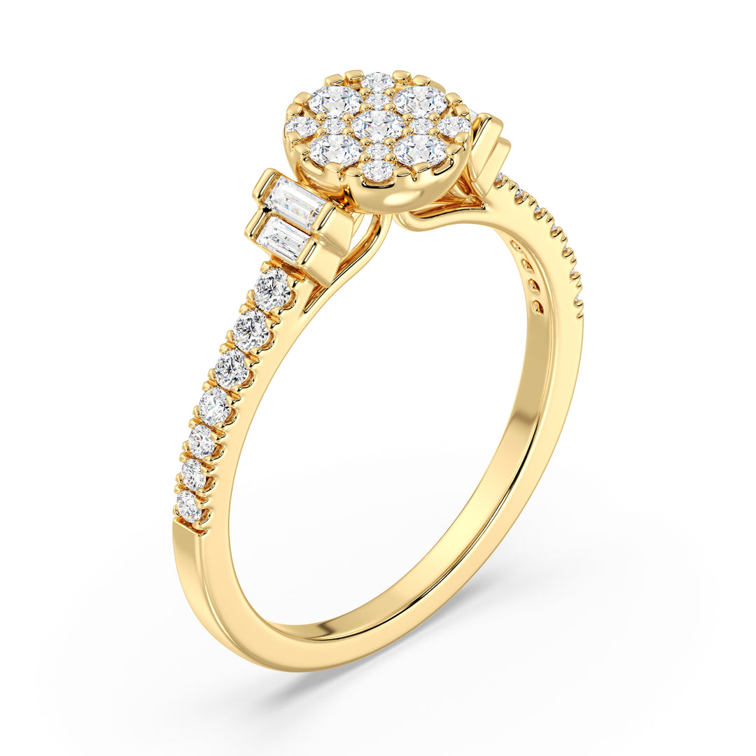 18K Solid Gold Engagement Ring in Yellow Gold with 0.57CTTW EF-VS Lab-Grown Round and Baguette Diamonds