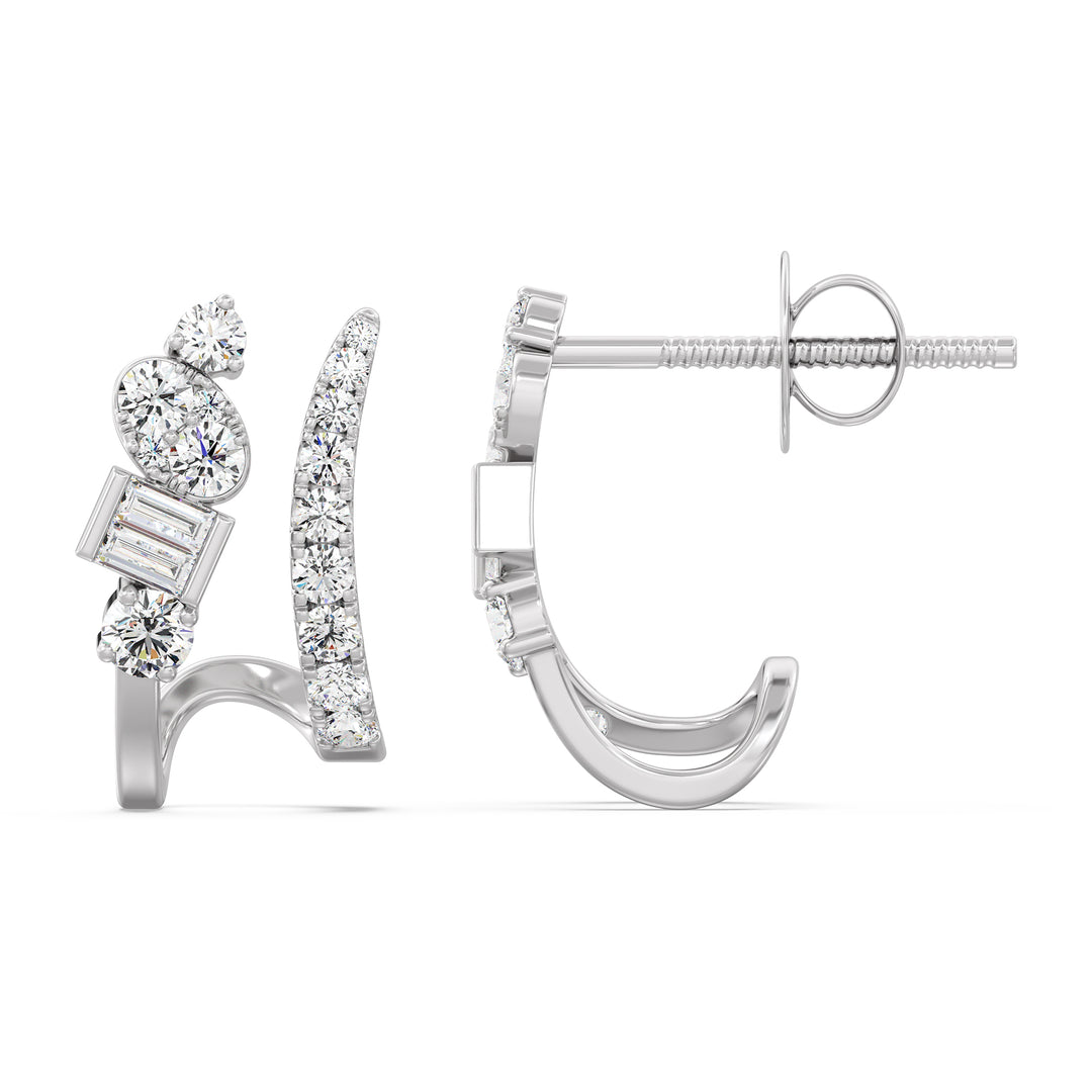 18K White Gold Diamond-Studded Hoop Earrings with Round and Baguette Cut Lab-Grown Diamonds