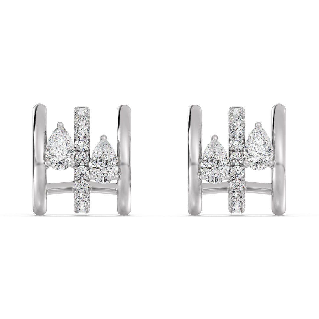 18K White Gold Triple Hoop Huggie Earrings set with lab-grown diamonds, combining round and pear-cut stones for an elegant and timeless look