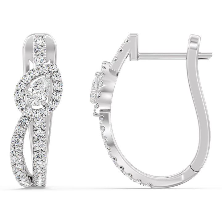 18K White Gold Twisted Hoop Earrings with Pear-Shaped Lab-Grown Diamonds, adorned with dazzling round and pear-cut diamonds for a sophisticated look