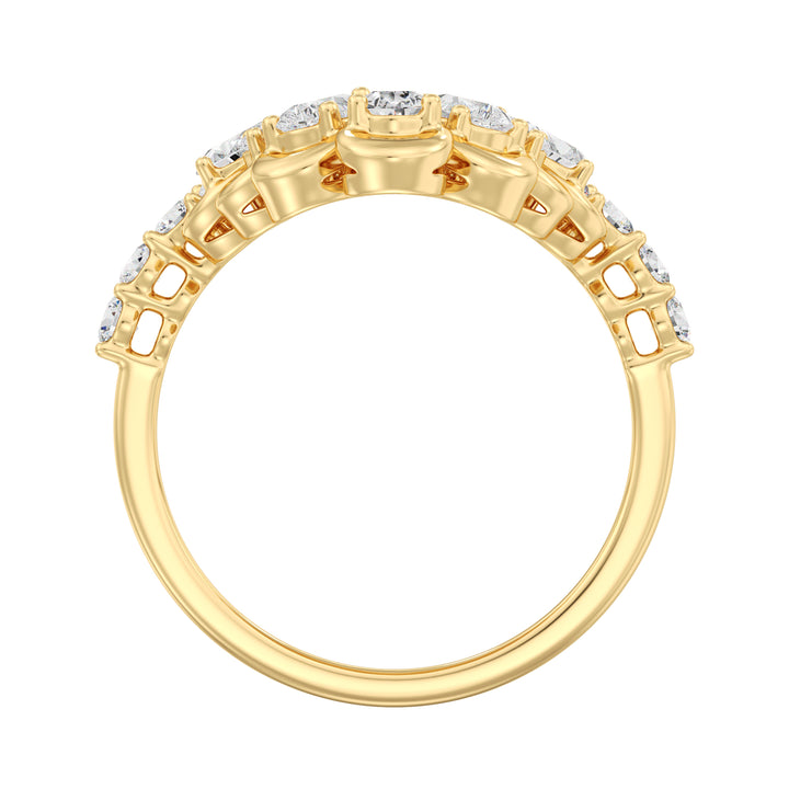 18K Yellow Gold Blooming Floret Cather Ring with Lab-Grown Diamonds – Featuring 7 Pear-Cut and 15 Round-Cut Diamonds, 1.45 Carat Total Weight