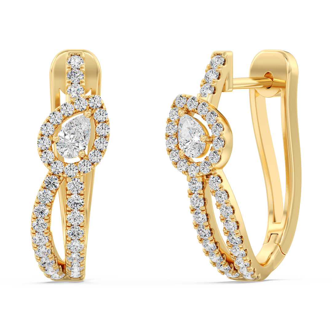 18K Yellow Gold Twisted Hoop Earrings with Pear-Shaped Lab-Grown Diamonds, featuring a mix of round and pear-cut diamonds in an elegant design