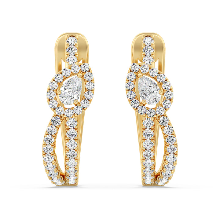 18K Yellow Gold Twisted Hoop Earrings with Pear-Shaped Lab-Grown Diamonds, featuring a mix of round and pear-cut diamonds in an elegant design