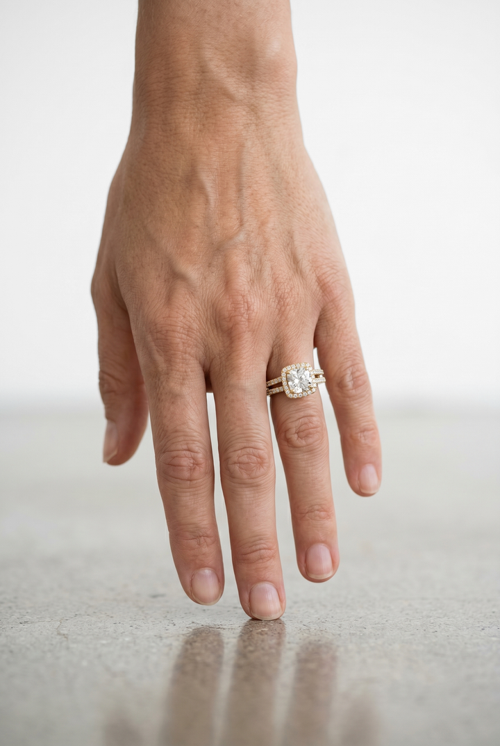 1 Carat Cushion Halo Double Band Engagement Ring