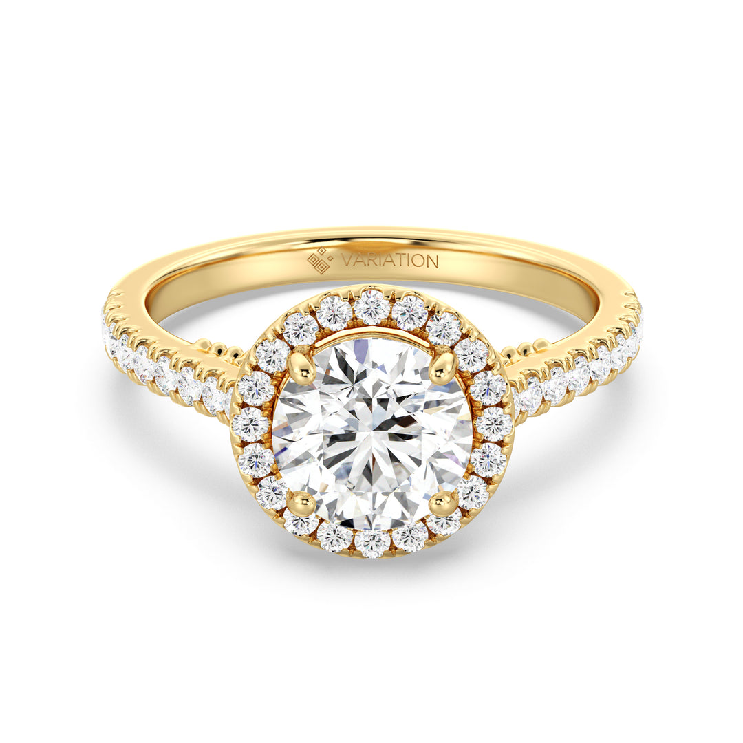 2.49 CTW Round Lab Grown Diamond Ring with Halo and Pavé Band in Yellow Gold