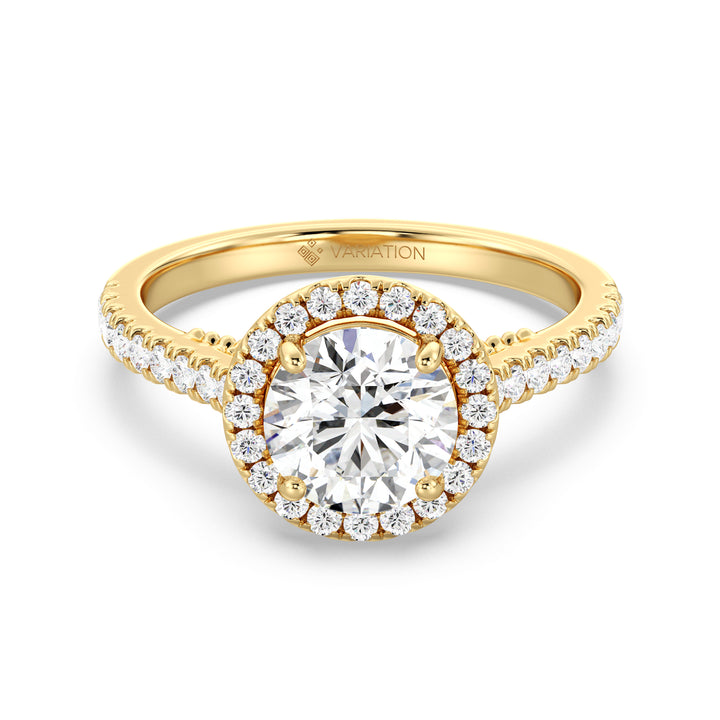 2.49 CTW Round Lab Grown Diamond Ring with Halo and Pavé Band in Yellow Gold
