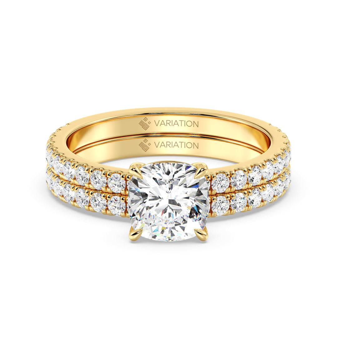 2 Carat Cushion Cut Diamond Engagement Ring and Wedding Band Set in Yellow Gold