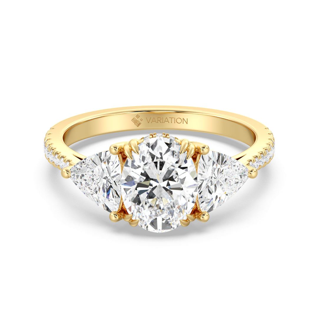 2 Carat Oval Lab Grown Diamond Engagement Ring with Trilliant Side Stones in Yellow Gold