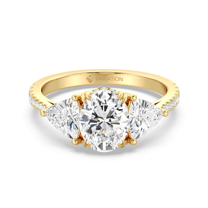 2 Carat Oval Lab Grown Diamond Engagement Ring with Trilliant Side Stones in Yellow Gold