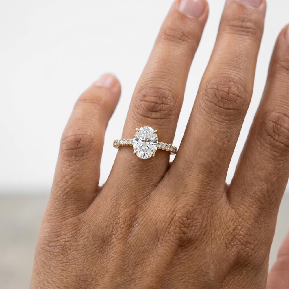 2 Carat Oval Lab Grown Diamond Ring with Hidden Halo in Yellow Gold