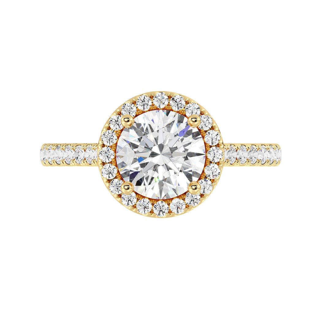 2 Carat Round Lab Grown Diamond Halo Ring with Pavé Shank in Yellow Gold
