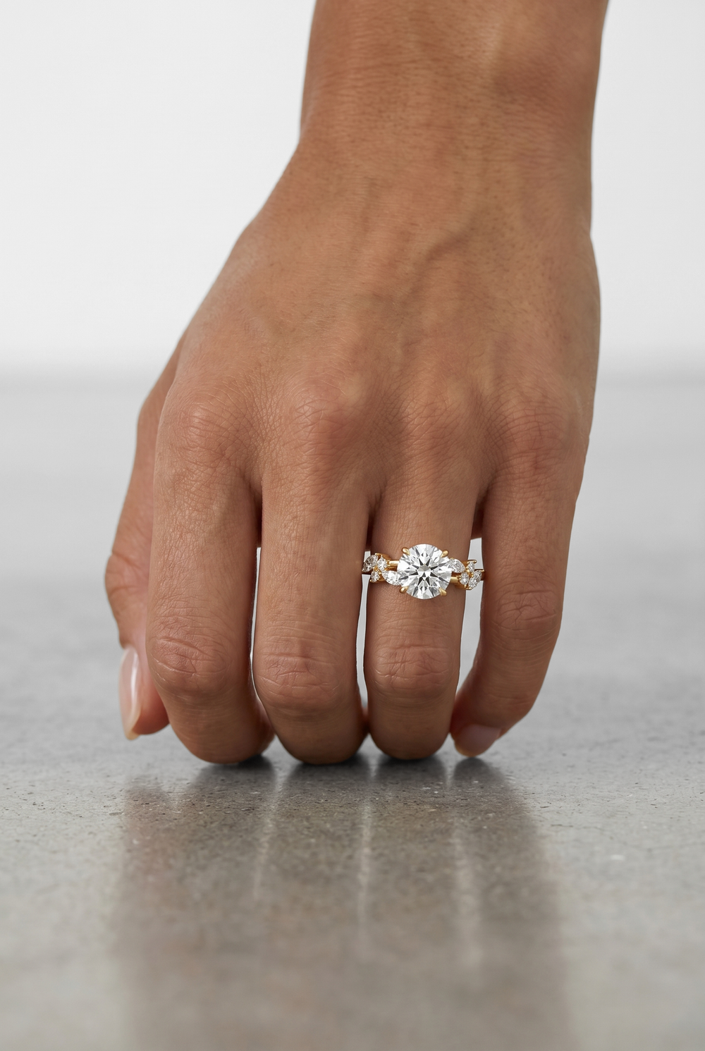 2 Carat Round Lab Grown Diamond Ring with Marquise Diamond Accents in Yellow Gold