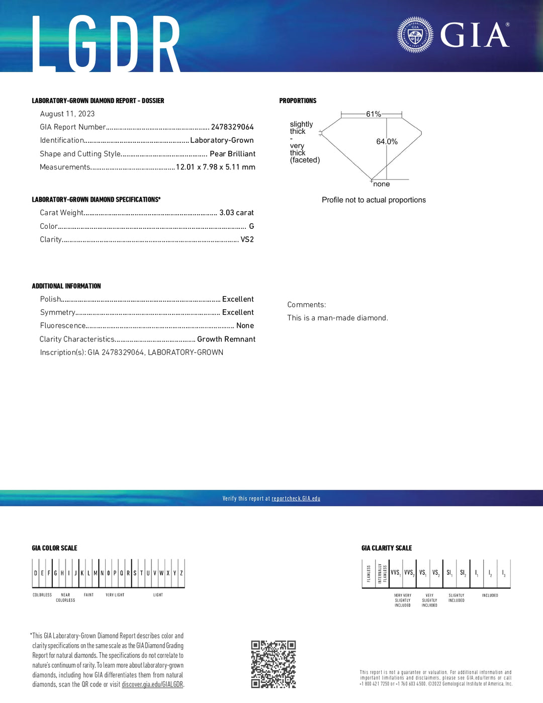 Diamant cultivé en laboratoire certifié GIA 3,03 CT taille poire - Clarté VS2, couleur G