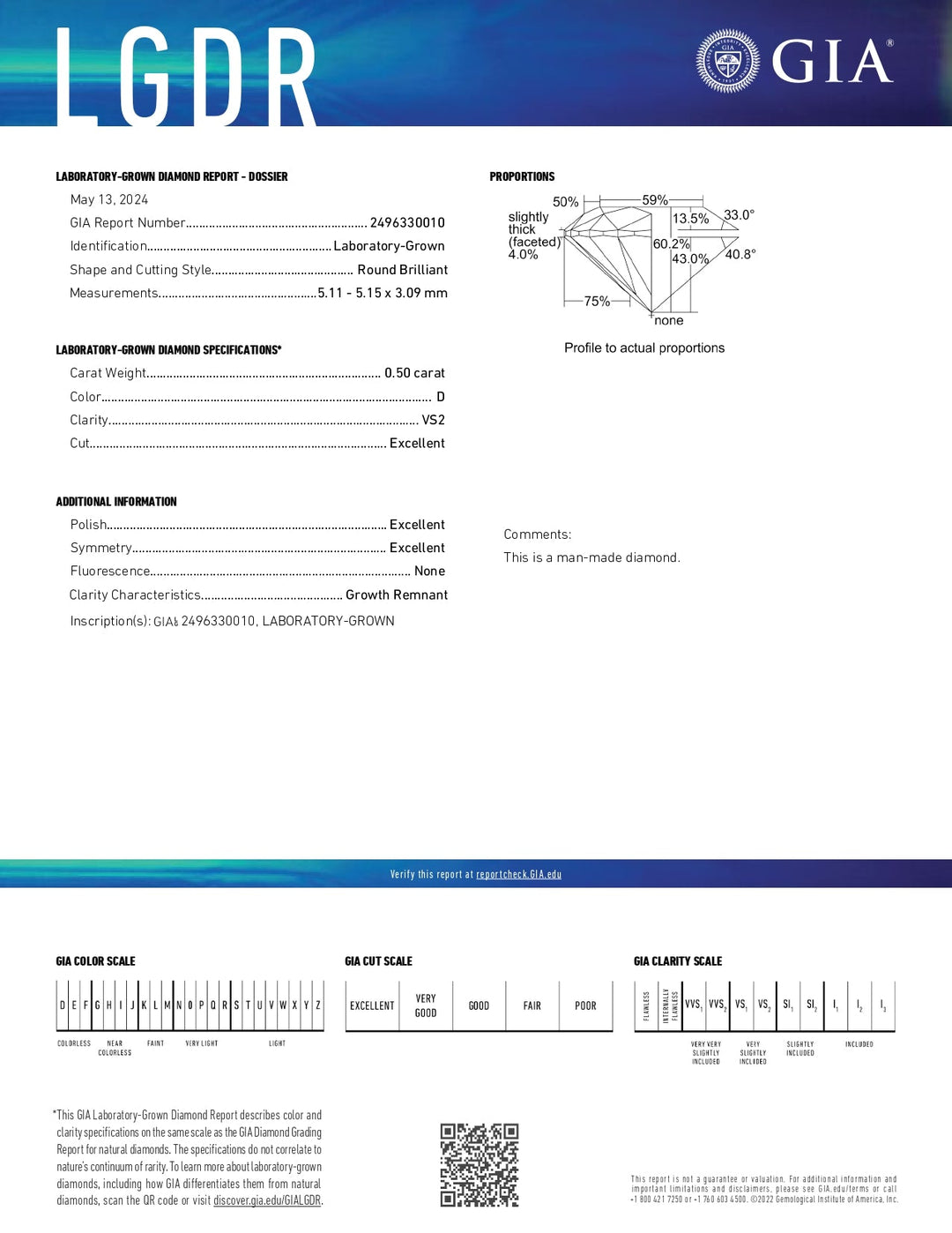 GIA Sertifikalı 0.50 CT Yuvarlak Laboratuar Grown Diamond - VS2 Clarity, D Renk