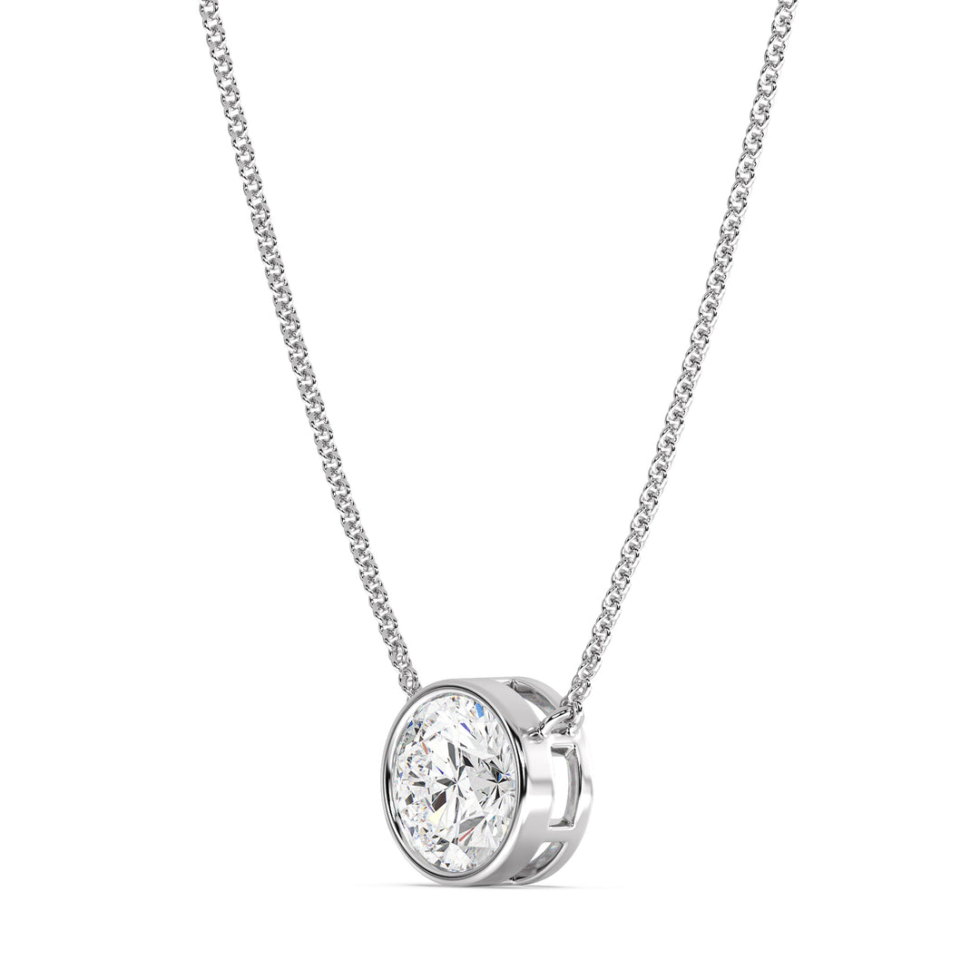 2 Carat Bezel-Set Round Lab-Grown Diamond Solitaire Pendant Necklace in 18K White Gold. IGI-certified E/VS diamond in a sleek bezel setting paired with a sophisticated white gold chain, ideal for classic elegance.