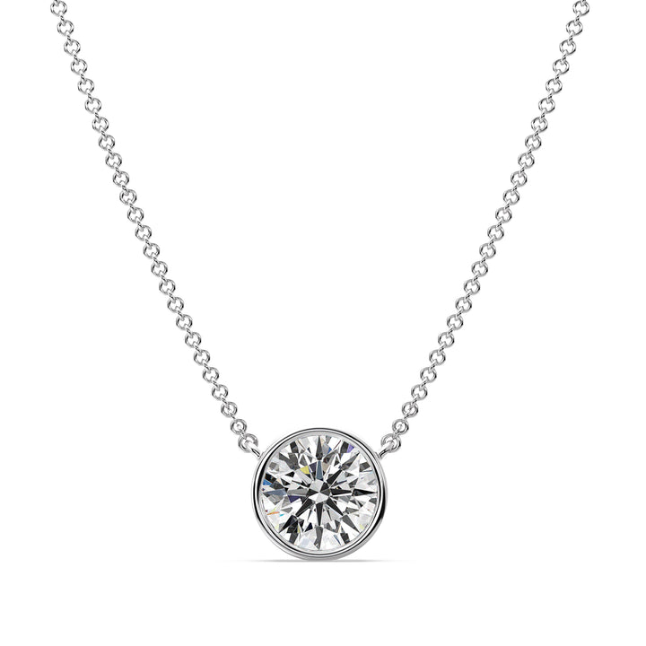 2 Carat Bezel-Set Round Lab-Grown Diamond Solitaire Pendant Necklace in 18K White Gold. IGI-certified E/VS diamond in a sleek bezel setting paired with a sophisticated white gold chain, ideal for classic elegance.