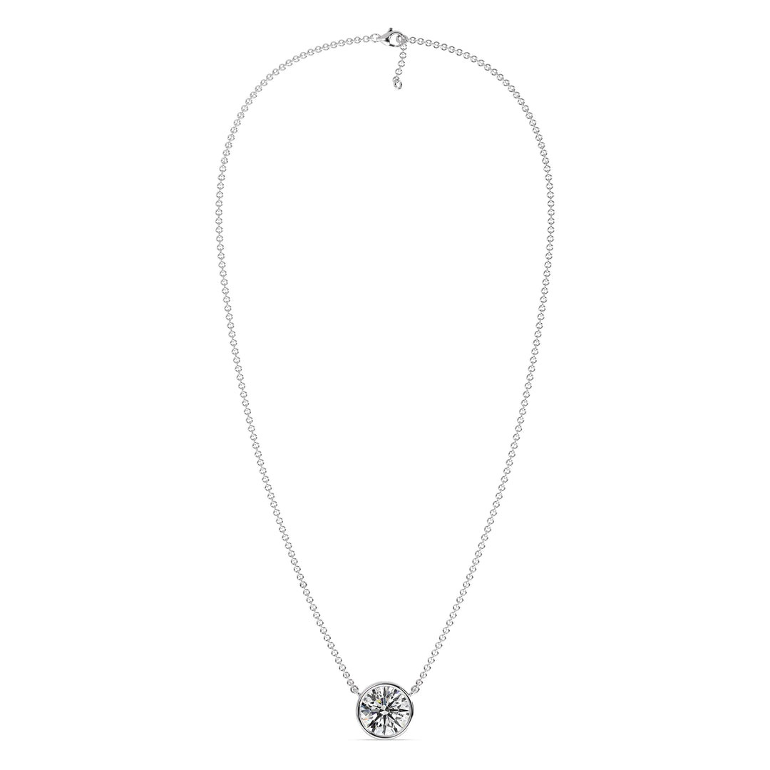 2 Carat Bezel-Set Round Lab-Grown Diamond Solitaire Pendant Necklace in 18K White Gold. IGI-certified E/VS diamond in a sleek bezel setting paired with a sophisticated white gold chain, ideal for classic elegance.