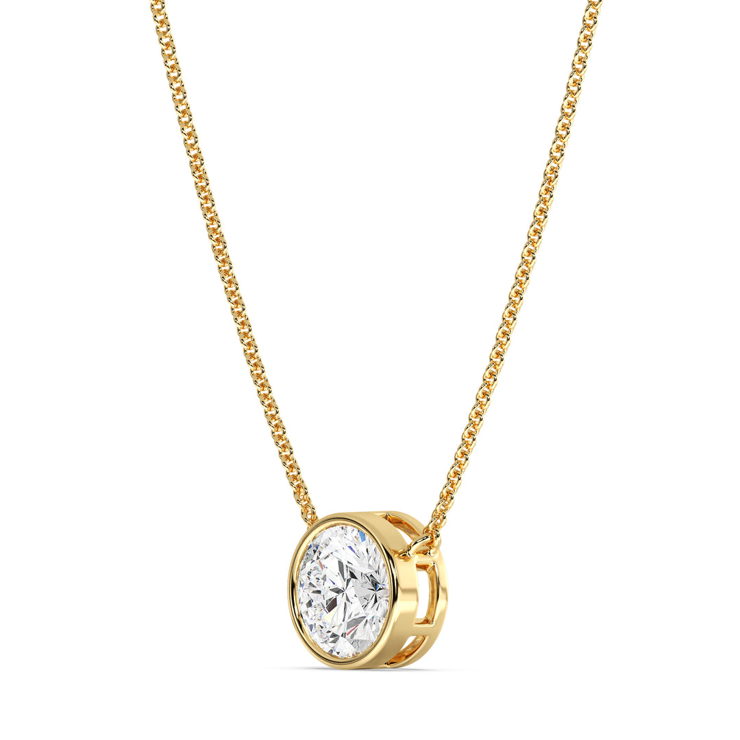 2 Carat Bezel-Set Round Lab-Grown Diamond Solitaire Pendant Necklace in 18K Yellow Gold. IGI-certified E/VS diamond in a secure bezel setting with a radiant yellow gold chain, offering timeless charm