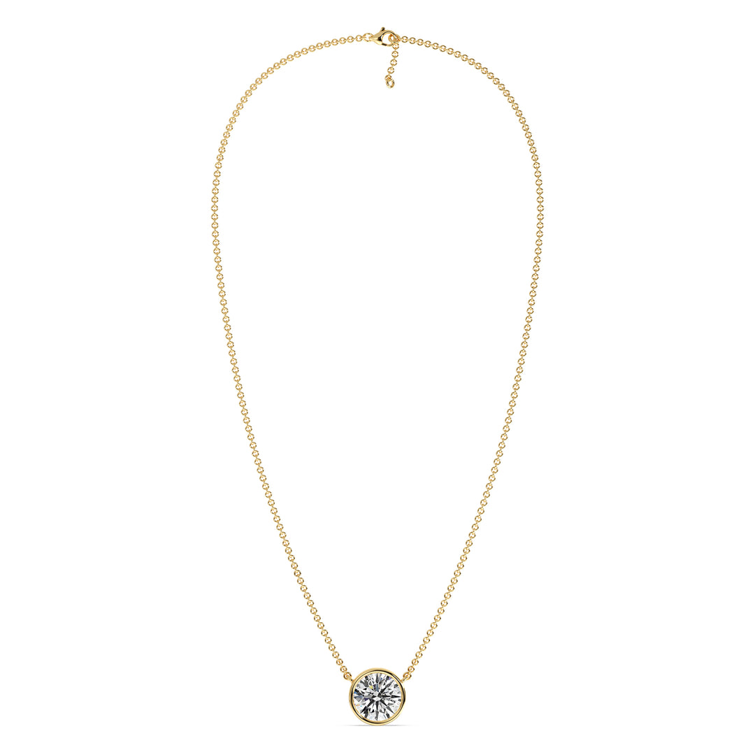 2 Carat Bezel-Set Round Lab-Grown Diamond Solitaire Pendant Necklace in 18K Yellow Gold. IGI-certified E/VS diamond in a secure bezel setting with a radiant yellow gold chain, offering timeless charm