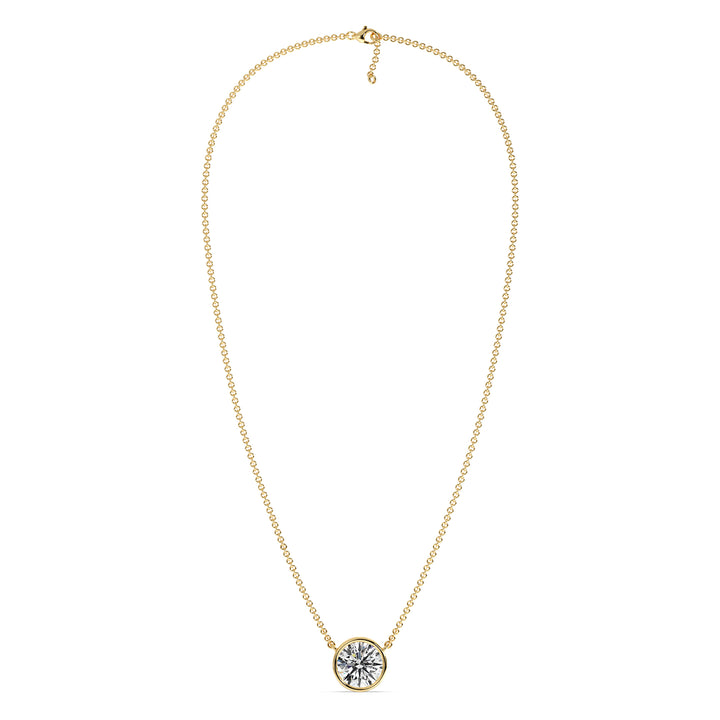 2 Carat Bezel-Set Round Lab-Grown Diamond Solitaire Pendant Necklace in 18K Yellow Gold. IGI-certified E/VS diamond in a secure bezel setting with a radiant yellow gold chain, offering timeless charm