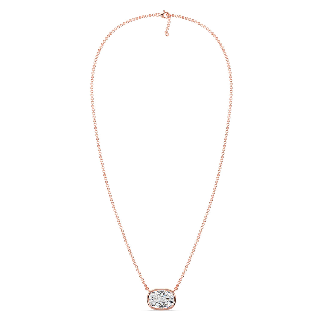 2 Carat Lab-Grown Cushion-Cut Diamond Bezel-Set Solitaire Pendant Necklace in 18K Rose Gold, featuring a dazzling E/VS cushion-cut diamond in a modern bezel setting with a romantic rose gold chain