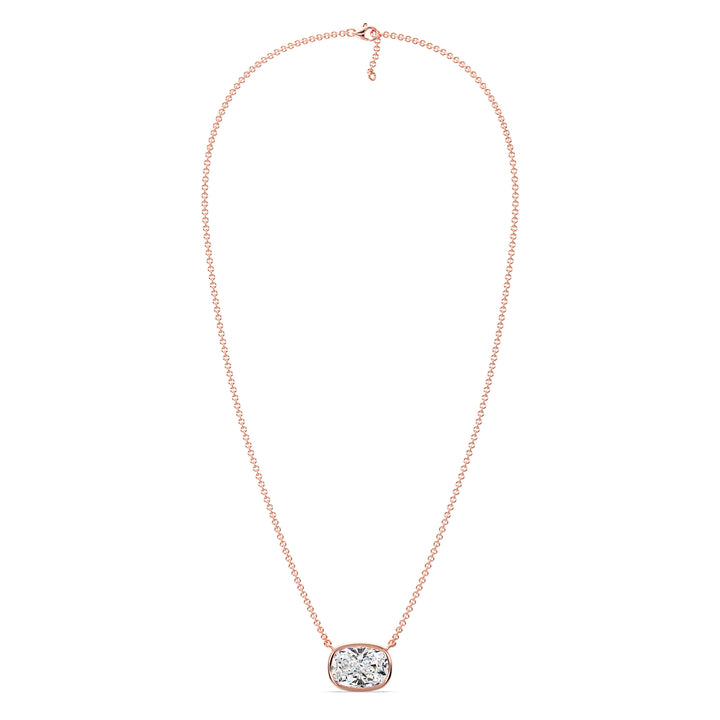 2 Carat Lab-Grown Cushion-Cut Diamond Bezel-Set Solitaire Pendant Necklace in 18K Rose Gold, featuring a dazzling E/VS cushion-cut diamond in a modern bezel setting with a romantic rose gold chain