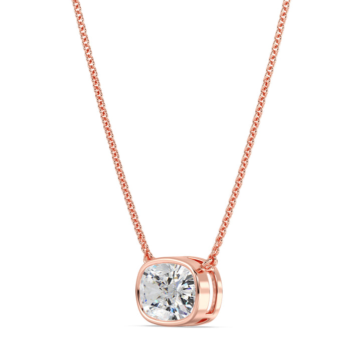 2 Carat Lab-Grown Cushion-Cut Diamond Bezel-Set Solitaire Pendant Necklace in 18K Rose Gold, featuring a dazzling E/VS cushion-cut diamond in a modern bezel setting with a romantic rose gold chain