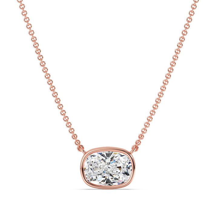 2 Carat Lab-Grown Cushion-Cut Diamond Bezel-Set Solitaire Pendant Necklace in 18K Rose Gold, featuring a dazzling E/VS cushion-cut diamond in a modern bezel setting with a romantic rose gold chain