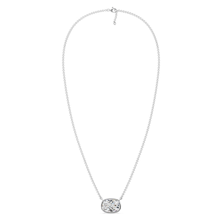 2 Carat Lab-Grown Cushion-Cut Diamond Bezel-Set Solitaire Pendant Necklace in 18K White Gold, highlighting a brilliant E/VS cushion-cut diamond in a contemporary bezel setting with a polished white gold chain