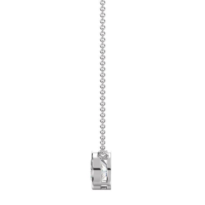 2 Carat Lab-Grown Cushion-Cut Diamond Bezel-Set Solitaire Pendant Necklace in 18K White Gold, highlighting a brilliant E/VS cushion-cut diamond in a contemporary bezel setting with a polished white gold chain