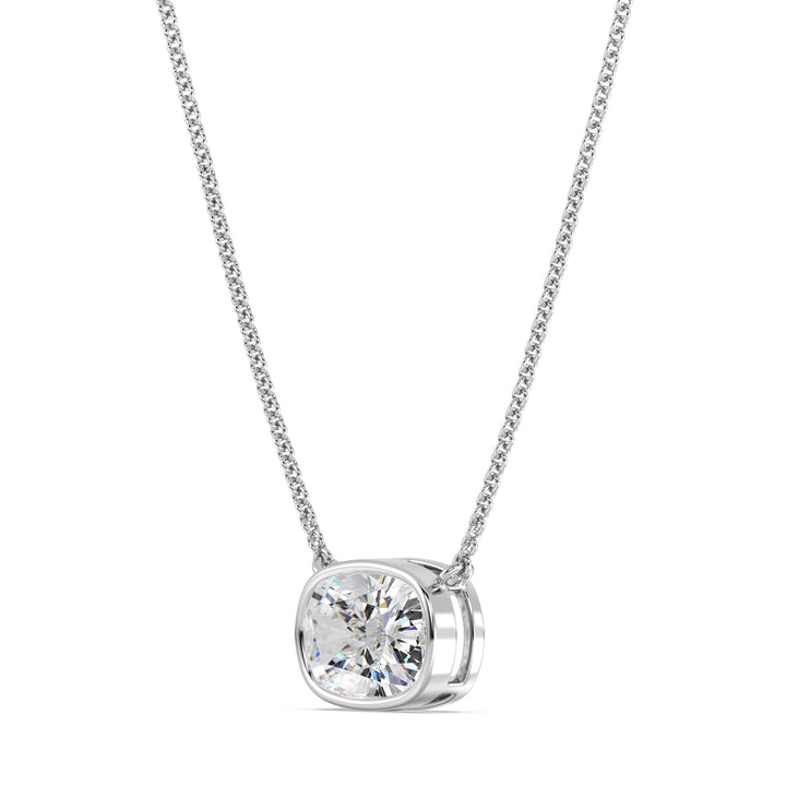 2 Carat Lab-Grown Cushion-Cut Diamond Bezel-Set Solitaire Pendant Necklace in 18K White Gold, highlighting a brilliant E/VS cushion-cut diamond in a contemporary bezel setting with a polished white gold chain