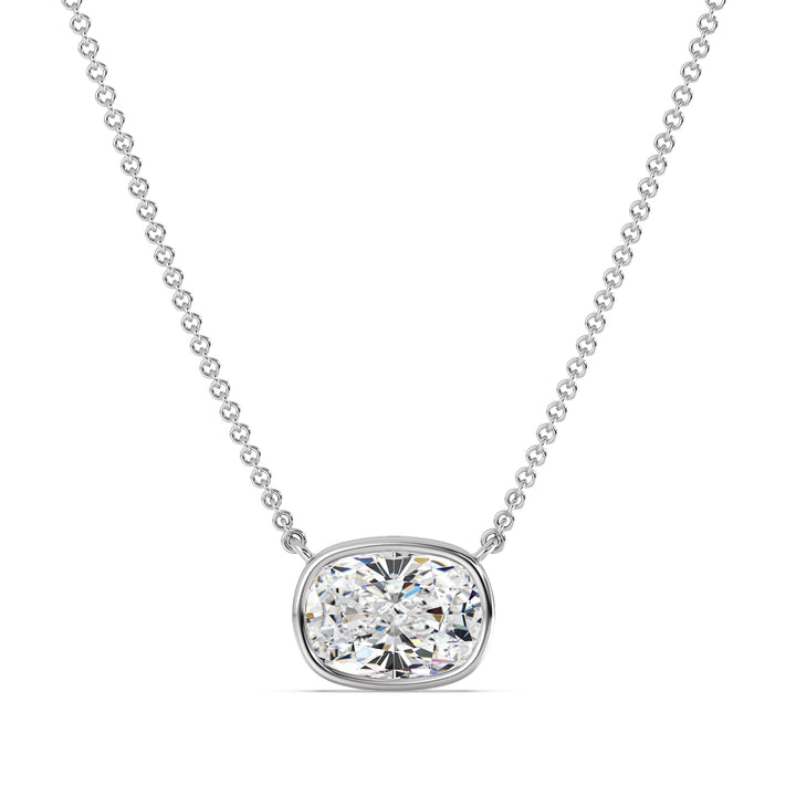 2 Carat Lab-Grown Cushion-Cut Diamond Bezel-Set Solitaire Pendant Necklace in 18K White Gold, highlighting a brilliant E/VS cushion-cut diamond in a contemporary bezel setting with a polished white gold chain