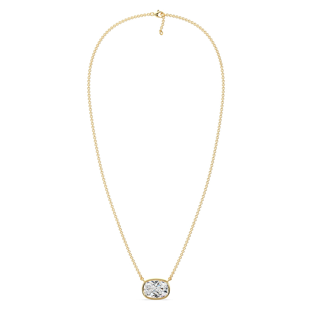 2 Carat Lab-Grown Cushion-Cut Diamond Bezel-Set Solitaire Pendant Necklace in 18K Yellow Gold, showcasing a sparkling E/VS cushion-cut diamond in a sleek bezel setting with a classic yellow gold chain