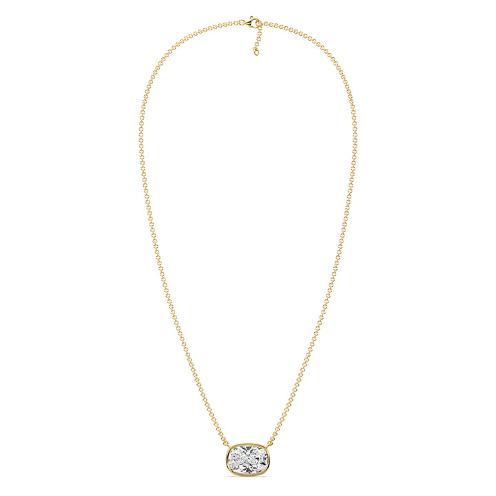 2 Carat Lab-Grown Cushion-Cut Diamond Bezel-Set Solitaire Pendant Necklace in 18K Yellow Gold, showcasing a sparkling E/VS cushion-cut diamond in a sleek bezel setting with a classic yellow gold chain