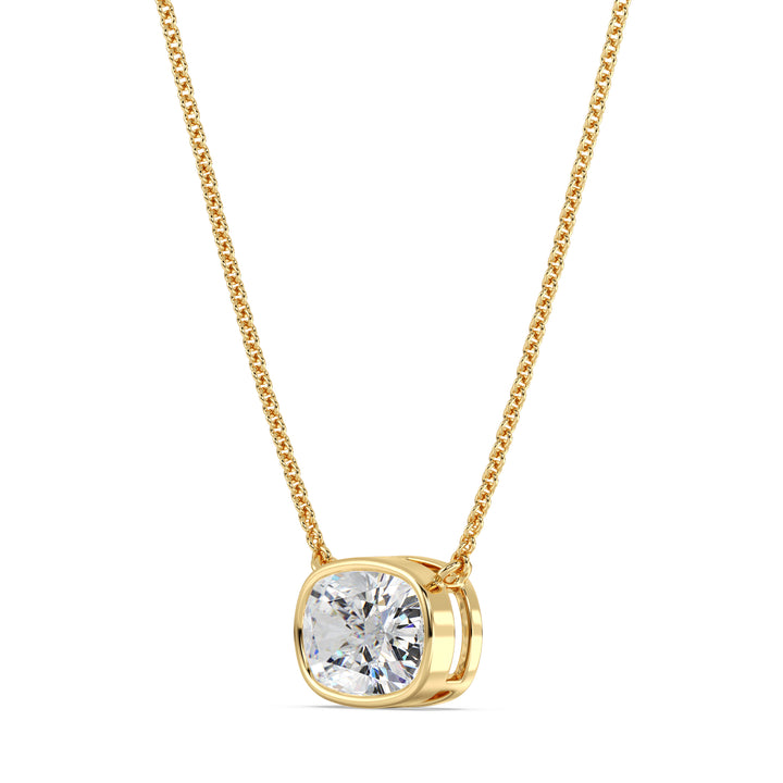 2 Carat Lab-Grown Cushion-Cut Diamond Bezel-Set Solitaire Pendant Necklace in 18K Yellow Gold, showcasing a sparkling E/VS cushion-cut diamond in a sleek bezel setting with a classic yellow gold chain