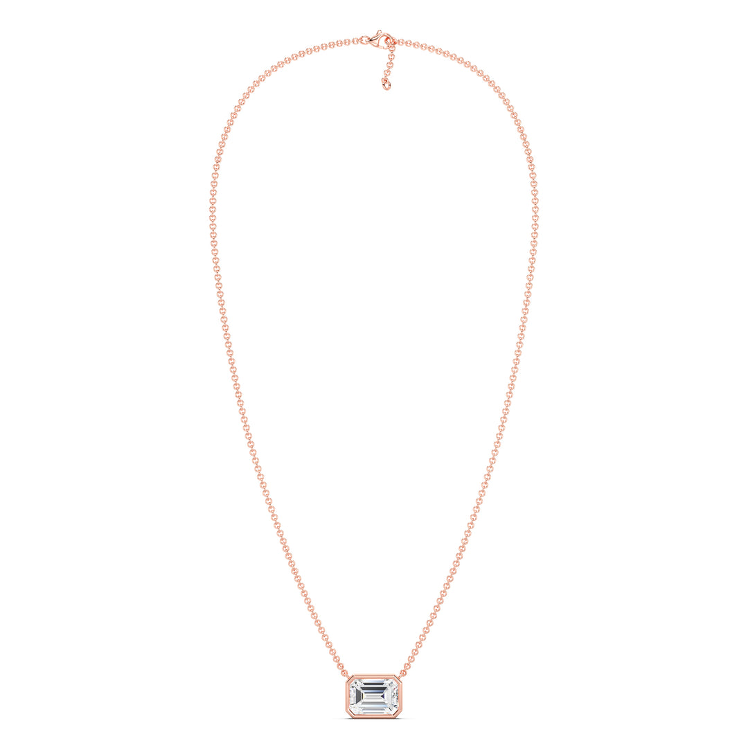 2 Carat Lab-Grown Emerald-Cut Diamond Bezel-Set Solitaire Pendant Necklace in 18K Rose Gold, featuring a dazzling E/VS emerald-cut diamond in a modern bezel setting with a romantic rose gold chain