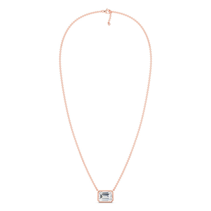 2 Carat Lab-Grown Emerald-Cut Diamond Bezel-Set Solitaire Pendant Necklace in 18K Rose Gold, featuring a dazzling E/VS emerald-cut diamond in a modern bezel setting with a romantic rose gold chain