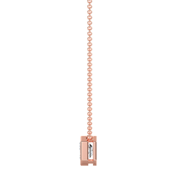 2 Carat Lab-Grown Emerald-Cut Diamond Bezel-Set Solitaire Pendant Necklace in 18K Rose Gold, featuring a dazzling E/VS emerald-cut diamond in a modern bezel setting with a romantic rose gold chain